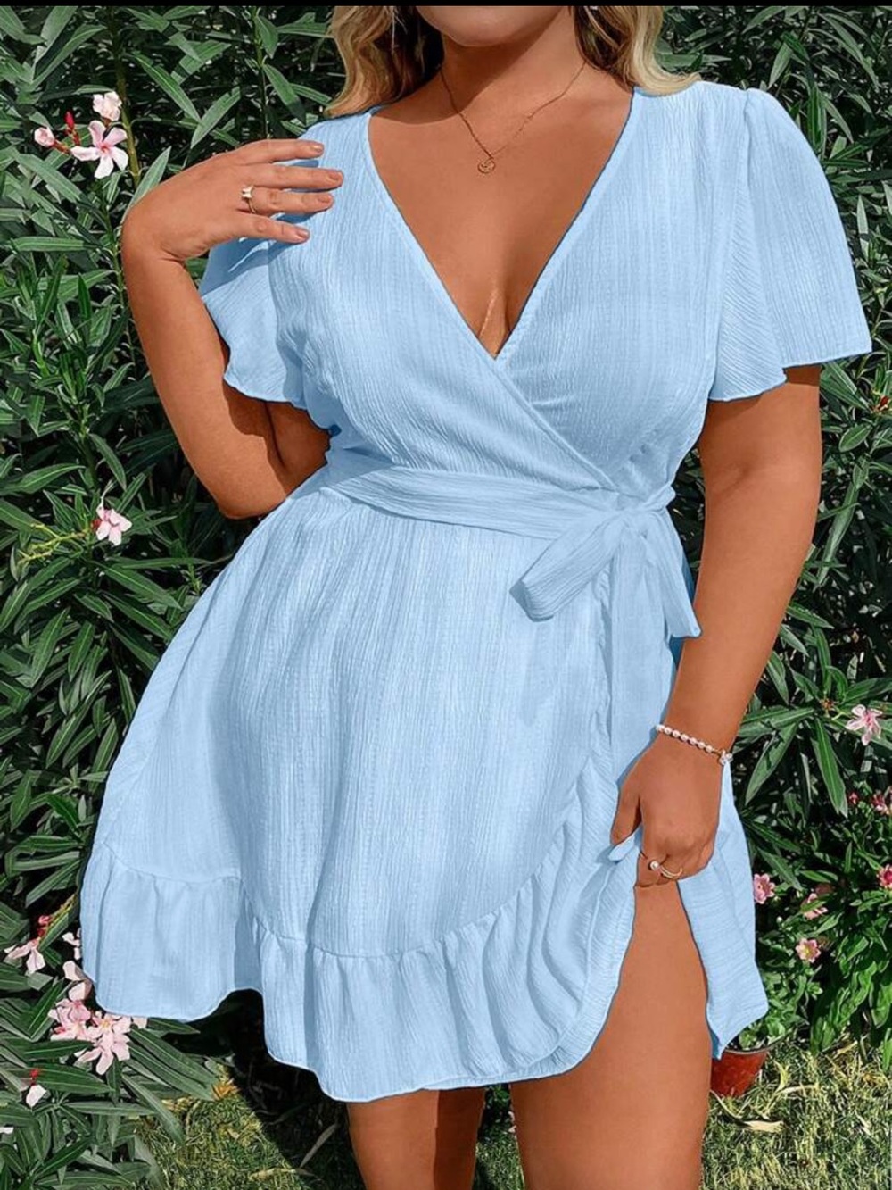 SHEIN Baby Blue Wrap Tie Short Dress
